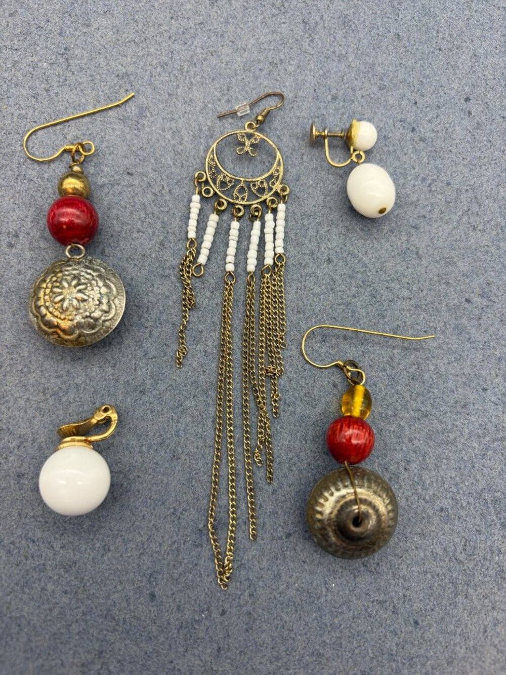 Mixed Vintage Earring Lot Dangle Clip On Beaded Gold Red Yellow White Assorted